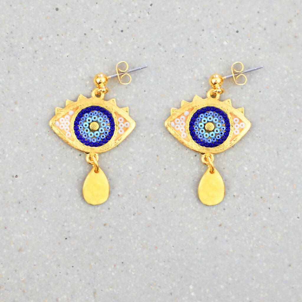 MEDIUM NAZAR BONCUK W/ DROP EARRINGS, PLATED IN 24K GOLD