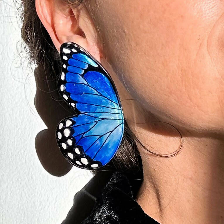 XL Pointed Half Blue Morpho Butterfy Earrings