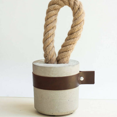 Mini Concrete Doorstop with Dark Brown Leather