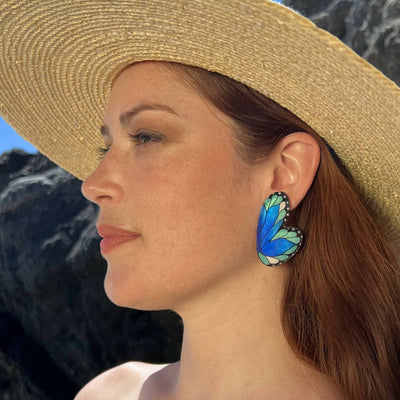 Rounded Half Blue Morpho Butterfy Earrings