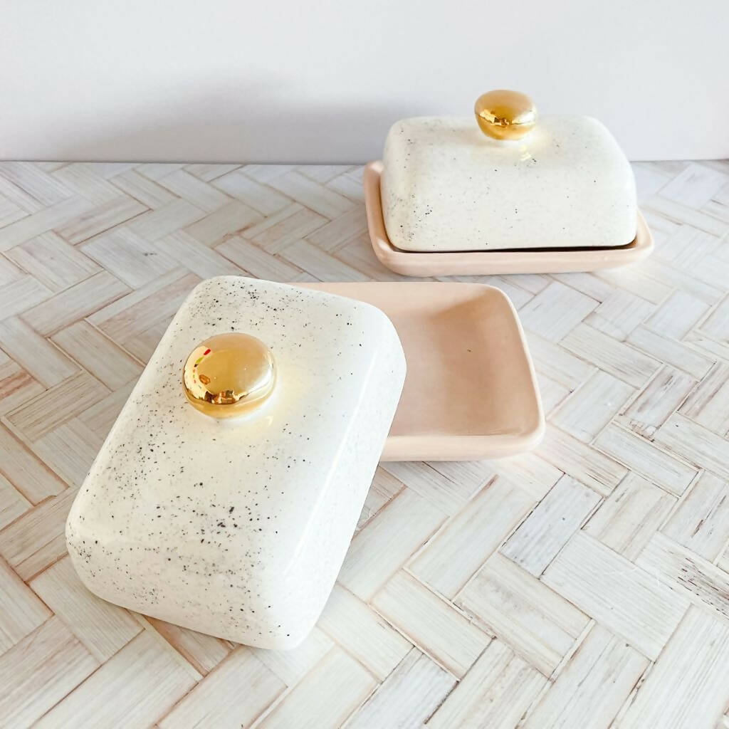 Rectangular Butter Dish with Gold Luster