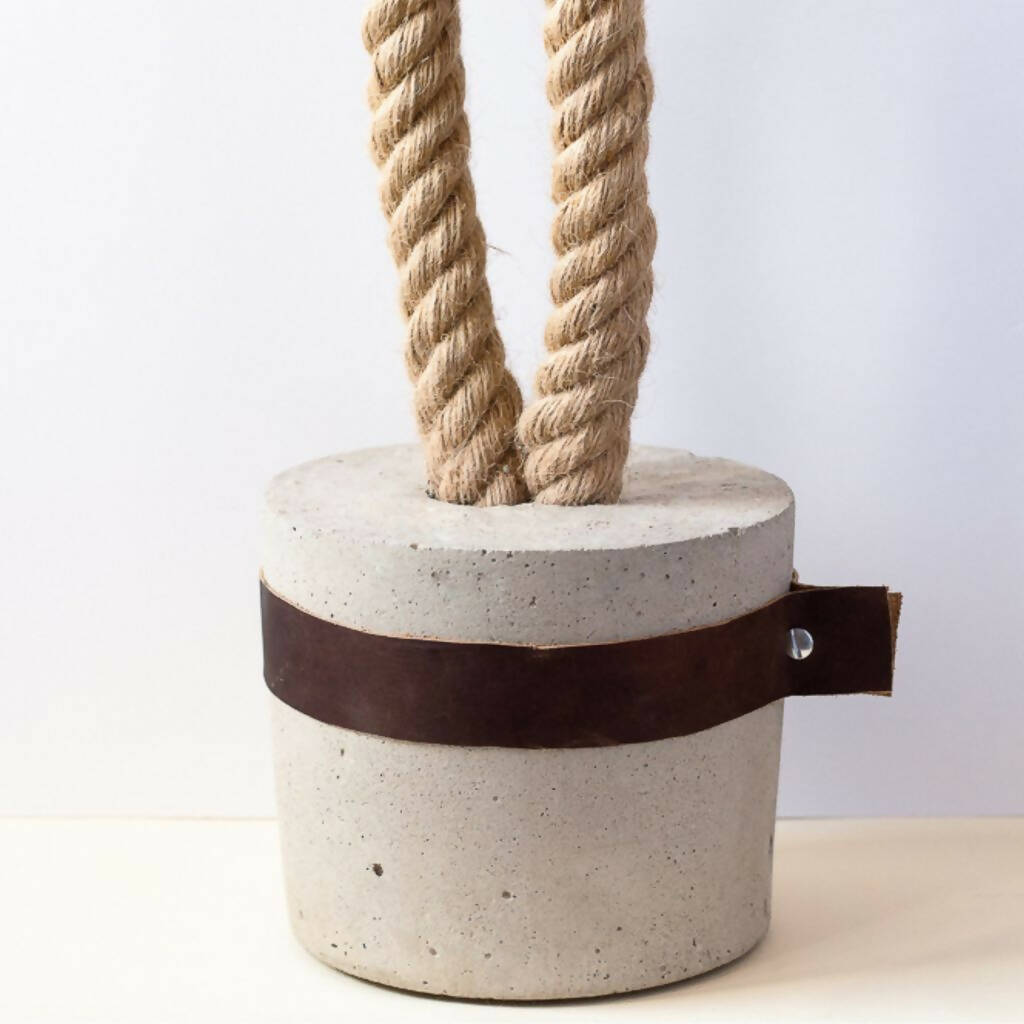 Concrete Doorstop with Dark Brown Leather