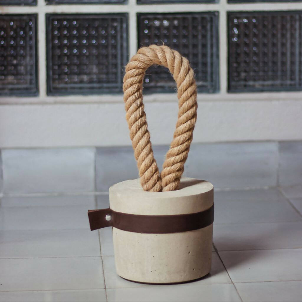 Concrete Doorstop with Dark Brown Leather