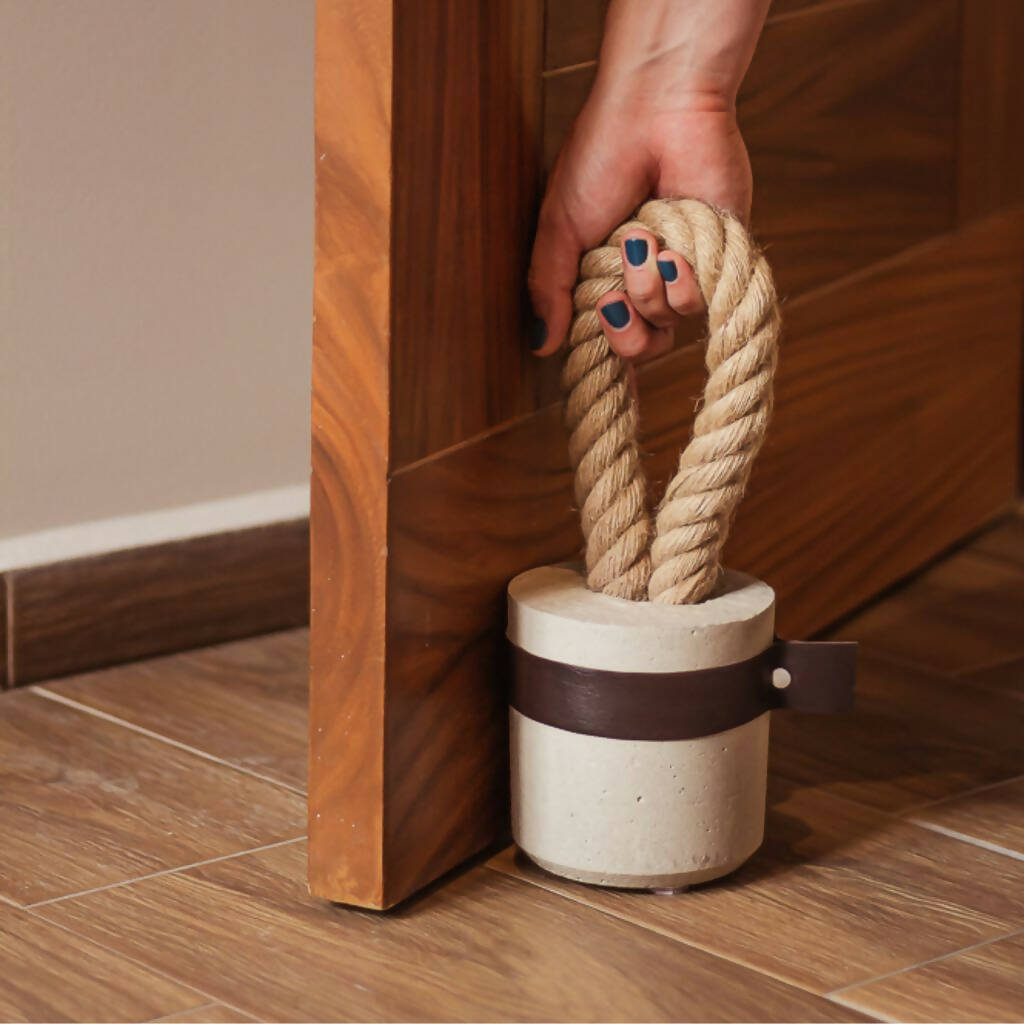 Mini Concrete Doorstop with Dark Brown Leather