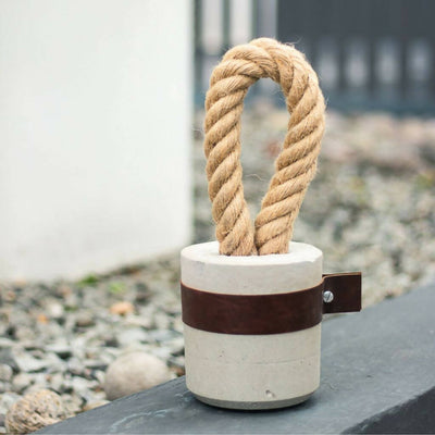 Mini Concrete Doorstop with Dark Brown Leather