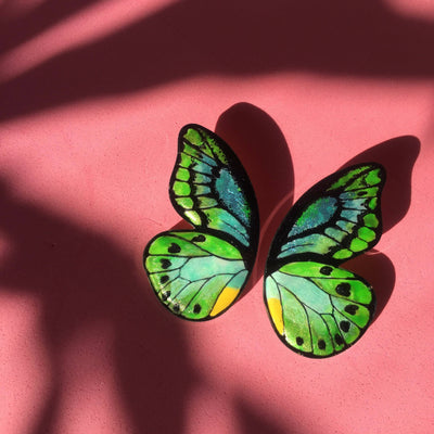 XL Pointed Half Green Birdwing Butterfy Earrings